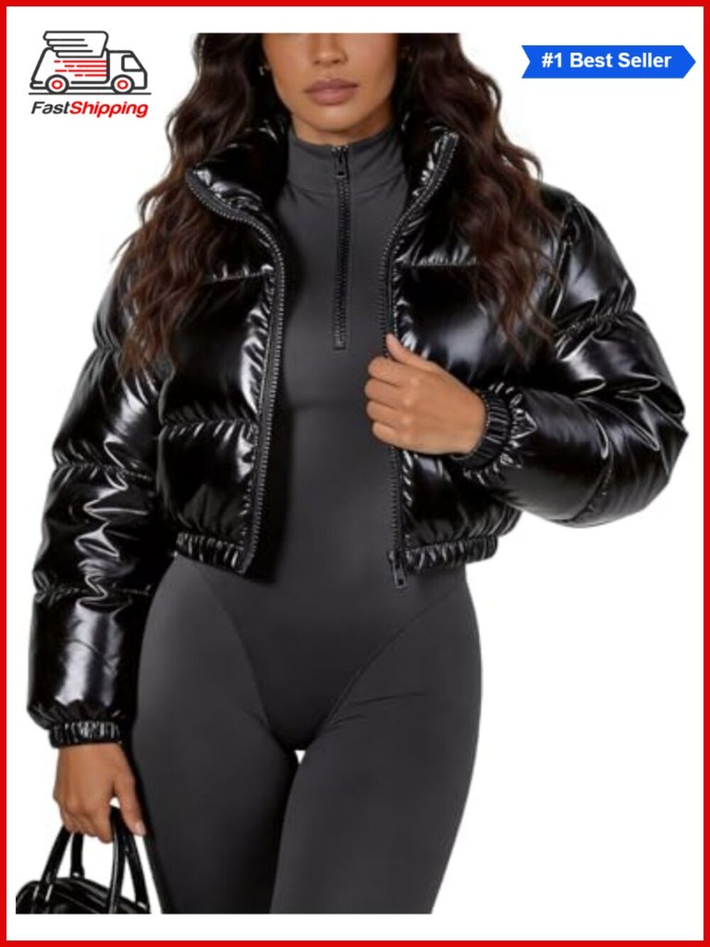 ✨Flygo Metallic Shiny Cropped Puffer Jacket Zip Up Stand Collar Women's Winter
